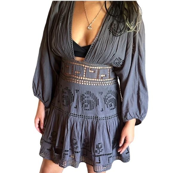 Free People Dresses & Skirts - Free People Gray Boho Eyelet Mini Dress XS/S Puff Sleeve Festival Tunic